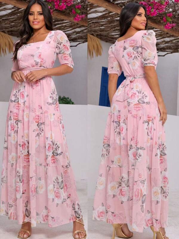 Vestido Longo Floral Modelo Em Tule Moda Evangélica RF02